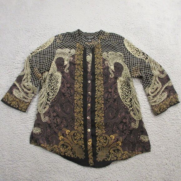 Citron Santa Monica Silk Shirt Blouse Top size XS FLAW Asian Band Collar Peacock - Picture 1 of 12